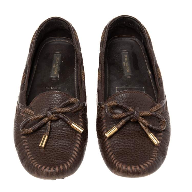Pre Owned Louis Vuitton Brown Leather Arizona Bow Loafers Size 37.5