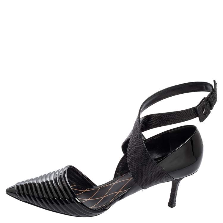 Louis Vuitton Black Lizard Embossed And Patent Leather Ankle Strap