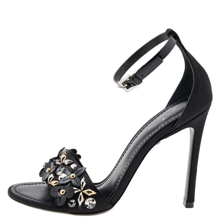 Louis Vuitton Black Satin And Patent Leather Flower Embellished Ankle Strap  S