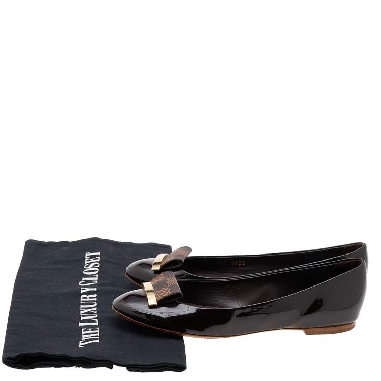 Pre Owned Louis Vuitton Brown Patent Leather And Damier Ebene Embellished Ballet Flats Size 36.5
