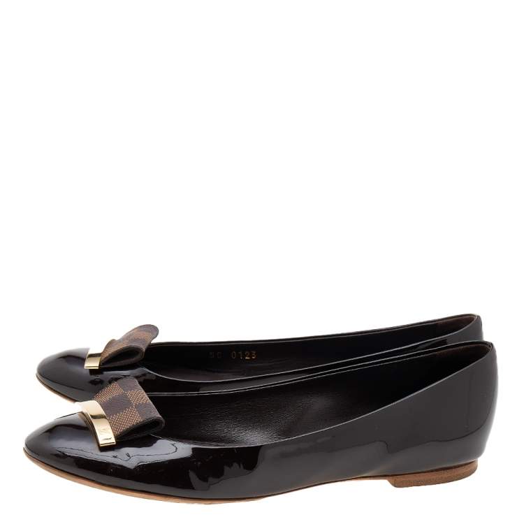 Pre Owned Louis Vuitton Brown Patent Leather And Damier Ebene Embellished Ballet Flats Size 36.5