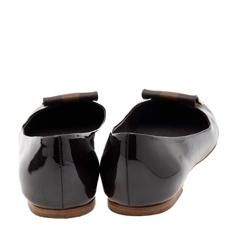 Pre Owned Louis Vuitton Brown Patent Leather And Damier Ebene Embellished Ballet Flats Size 36.5