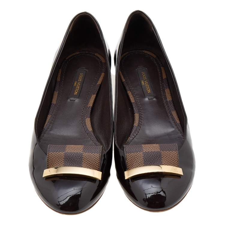 Pre Owned Louis Vuitton Brown Patent Leather And Damier Ebene Embellished Ballet Flats Size 36.5