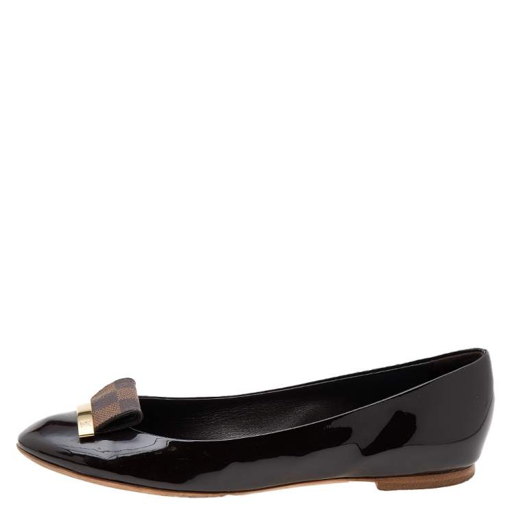 Pre Owned Louis Vuitton Brown Patent Leather And Damier Ebene Embellished Ballet Flats Size 36.5