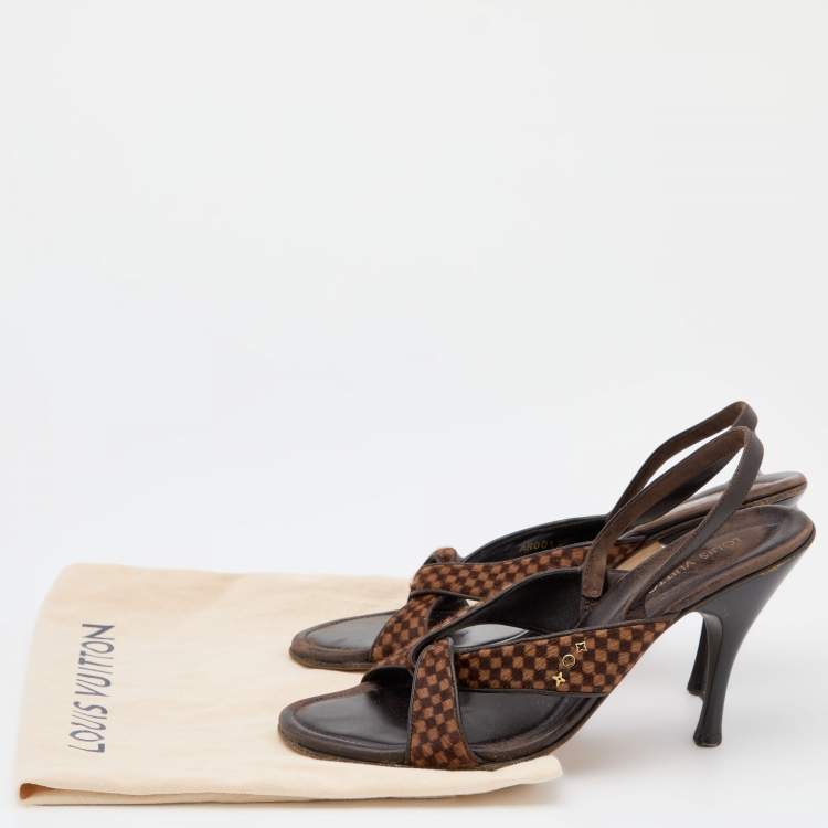 Pre Owned Louis Vuitton Brown Damier Ebene Calf Hair and Leather Slingback Sandals Size 38