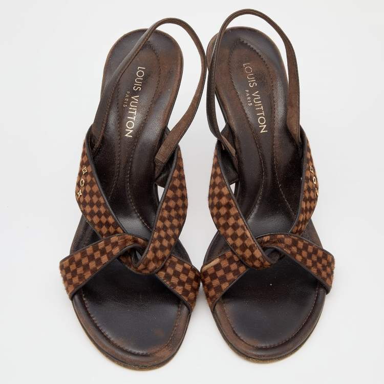 Pre Owned Louis Vuitton Brown Damier Ebene Calf Hair and Leather Slingback Sandals Size 38