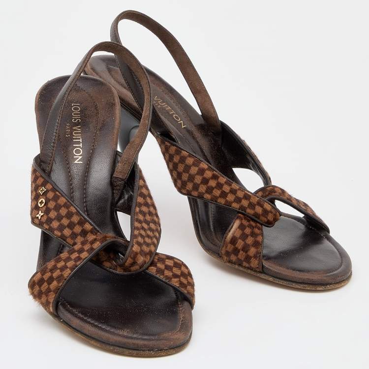 Pre Owned Louis Vuitton Brown Damier Ebene Calf Hair and Leather Slingback Sandals Size 38