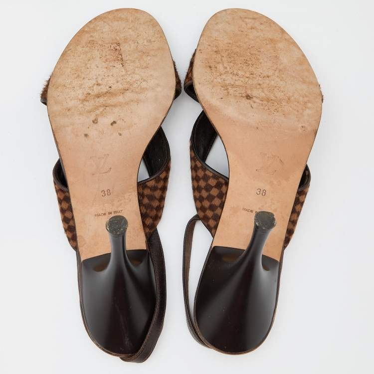 Pre Owned Louis Vuitton Brown Damier Ebene Calf Hair and Leather Slingback Sandals Size 38