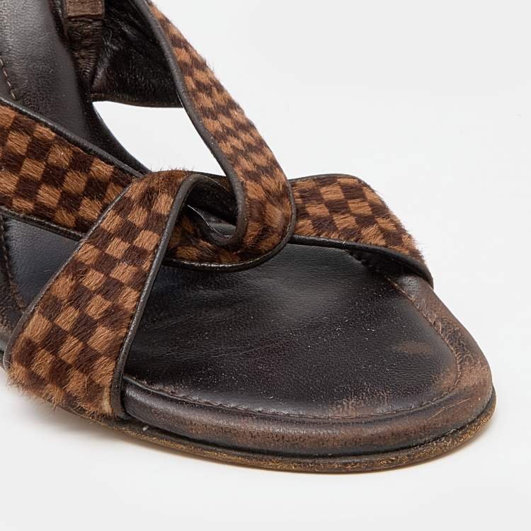 Pre Owned Louis Vuitton Brown Damier Ebene Calf Hair and Leather Slingback Sandals Size 38