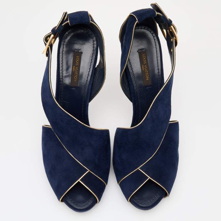 Pre Owned Louis Vuitton Blue Suede Peep Toe Sandals Size 39