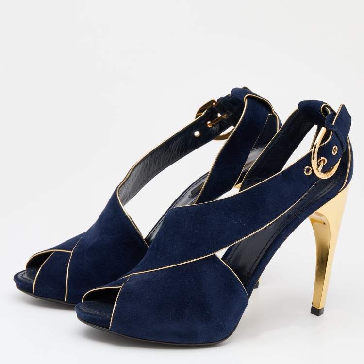 Pre Owned Louis Vuitton Blue Suede Peep Toe Sandals Size 39