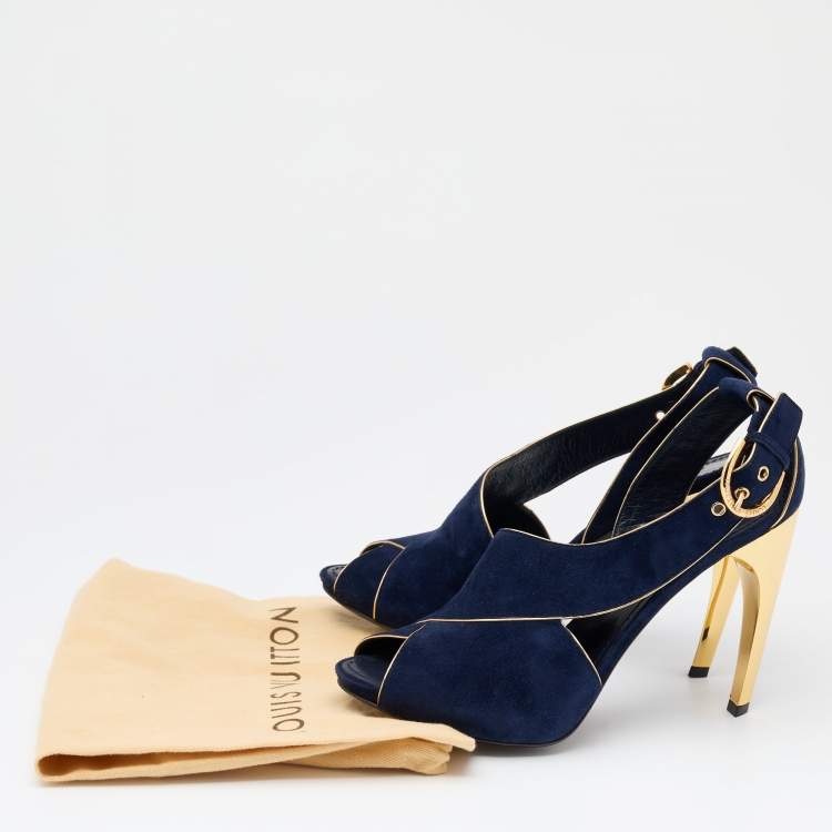 Pre Owned Louis Vuitton Blue Suede Peep Toe Sandals Size 39