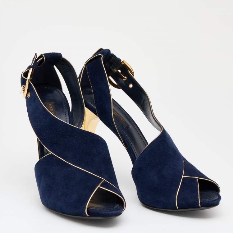 Pre Owned Louis Vuitton Blue Suede Peep Toe Sandals Size 39