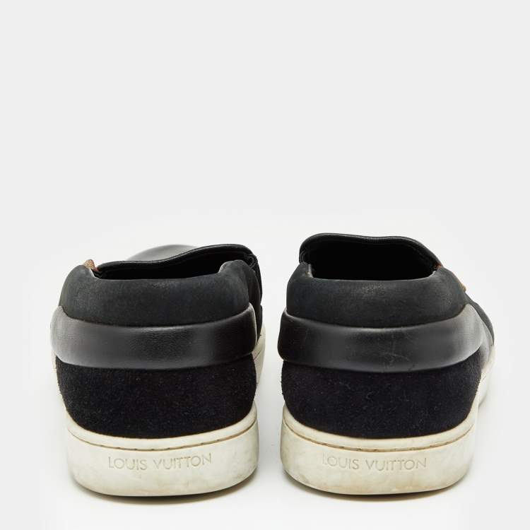 Pre Owned Louis Vuitton Black Patent Leather and Suede Studded Slip On Sneakers Size 38