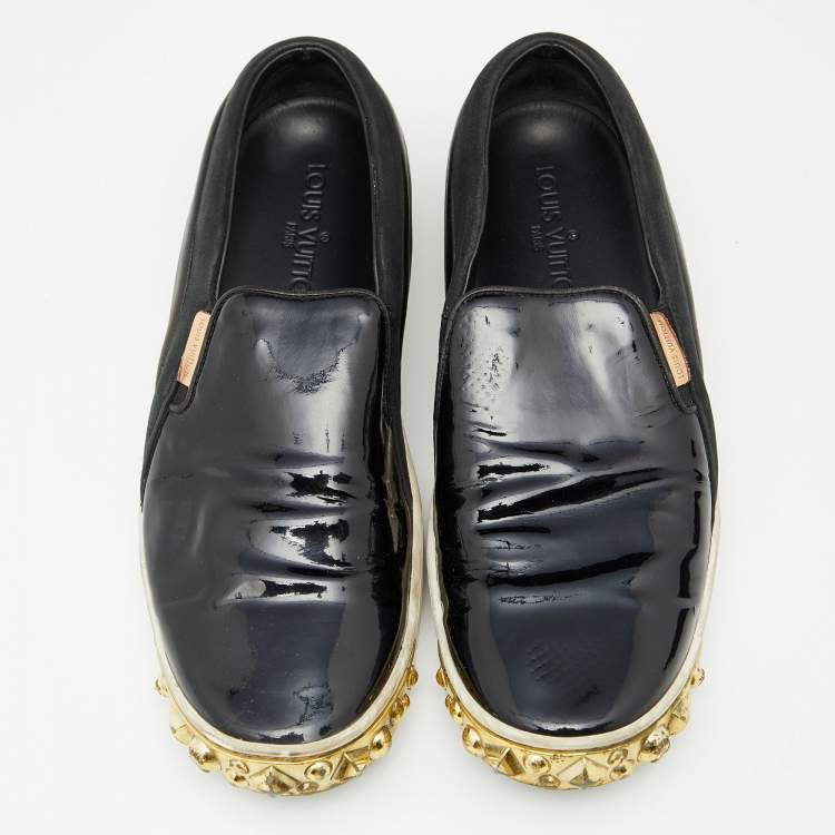 Pre Owned Louis Vuitton Black Patent Leather and Suede Studded Slip On Sneakers Size 38