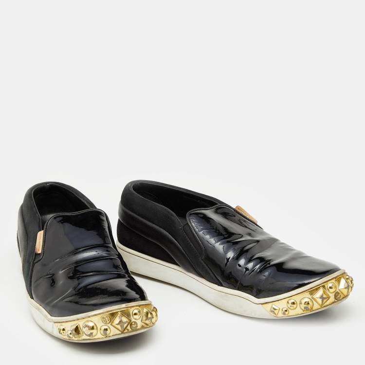 Pre Owned Louis Vuitton Black Patent Leather and Suede Studded Slip On Sneakers Size 38