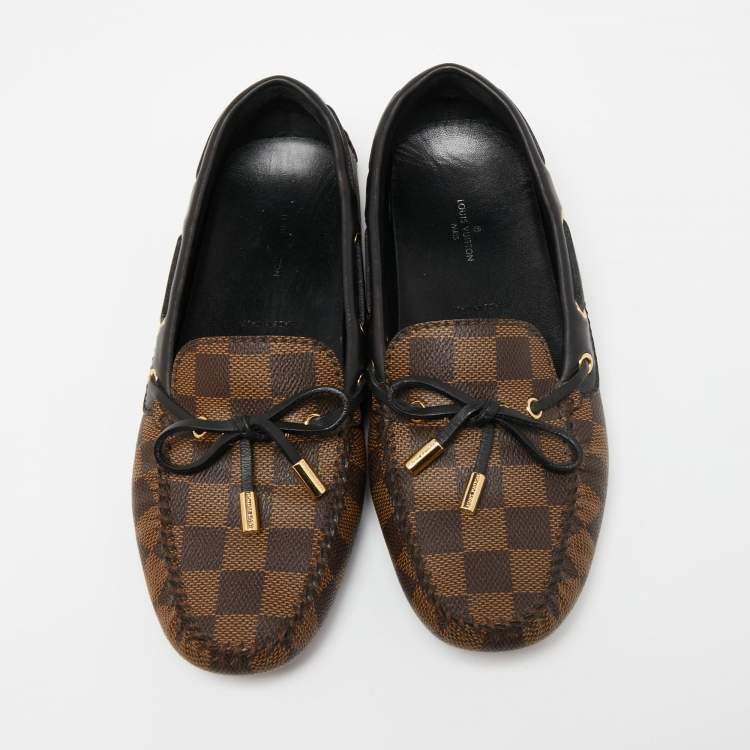 Pre Owned Louis Vuitton Brown Damier Ebene Canvas And Leather Gloria Loafers Size 36.5