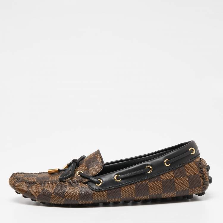 Pre Owned Louis Vuitton Brown Damier Ebene Canvas And Leather Gloria Loafers Size 36.5