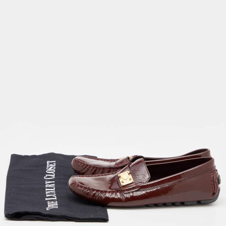 Pre Owned Louis Vuitton Burgundy Patent Leather Slip On Loafers Size 37.5