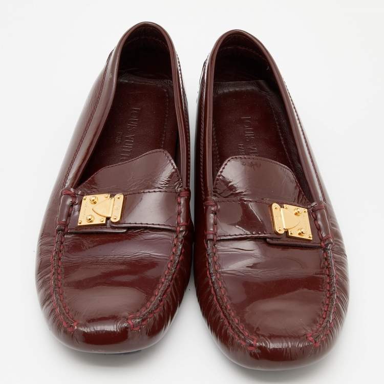 Pre Owned Louis Vuitton Burgundy Patent Leather Slip On Loafers Size 37.5