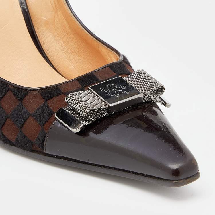 Pre Owned Louis Vuitton Brown Patent Leather And Pony Hair Metal Bow Cap Toe Pumps Size 39