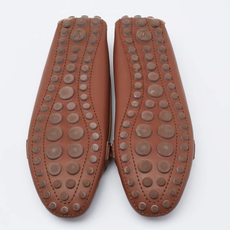Pre Owned Louis Vuitton Brown Leather Metal Logo Slip On Loafers Size 38