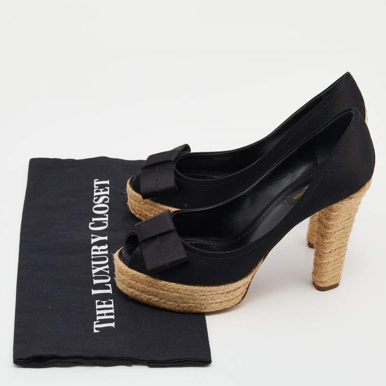 Pre Owned Louis Vuitton Black Satin Espadrille Peep Toe Platform Pumps Size 38