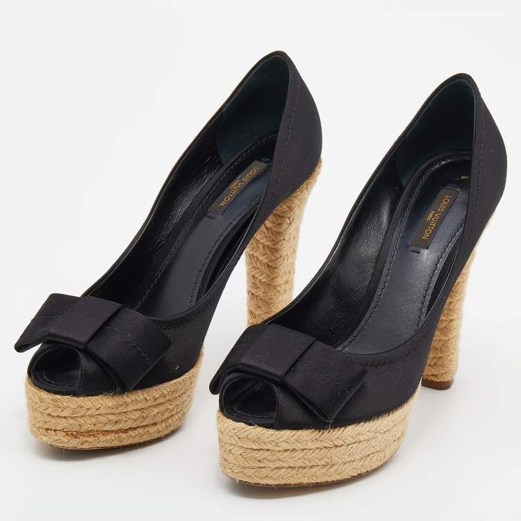 Pre Owned Louis Vuitton Black Satin Espadrille Peep Toe Platform Pumps Size 38