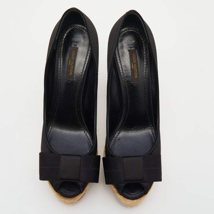 Pre Owned Louis Vuitton Black Satin Espadrille Peep Toe Platform Pumps Size 38
