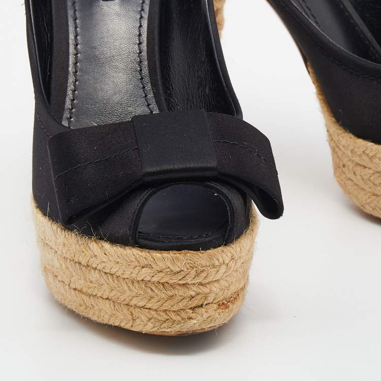 Pre Owned Louis Vuitton Black Satin Espadrille Peep Toe Platform Pumps Size 38