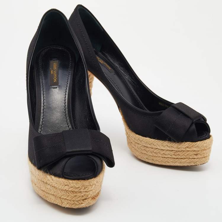 Pre Owned Louis Vuitton Black Satin Espadrille Peep Toe Platform Pumps Size 38