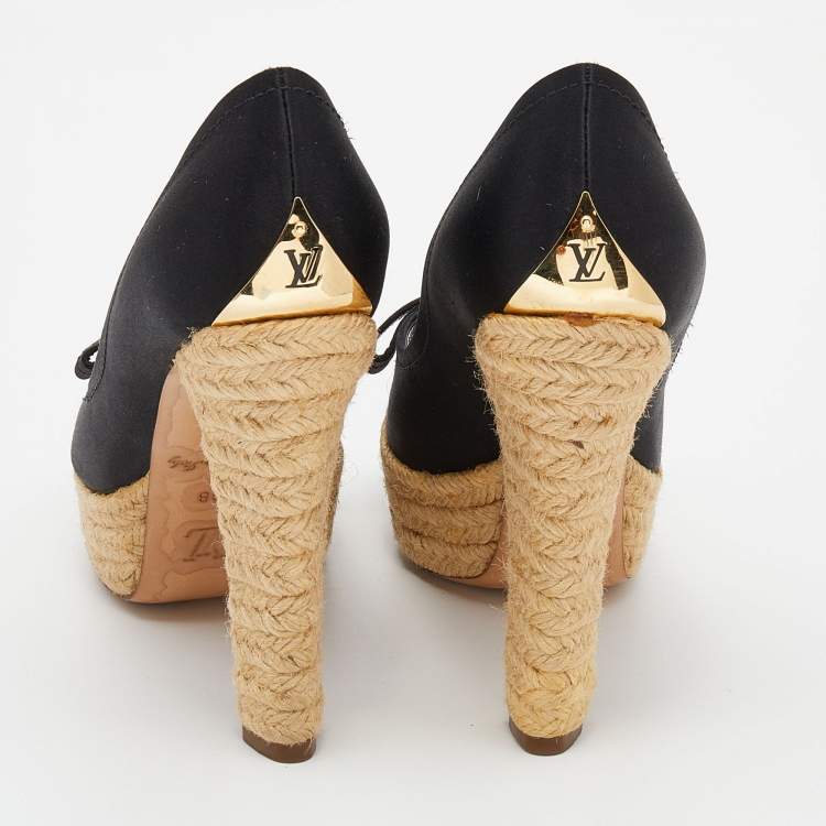 Pre Owned Louis Vuitton Black Satin Espadrille Peep Toe Platform Pumps Size 38