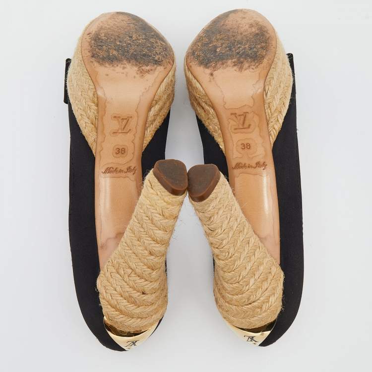 Pre Owned Louis Vuitton Black Satin Espadrille Peep Toe Platform Pumps Size 38