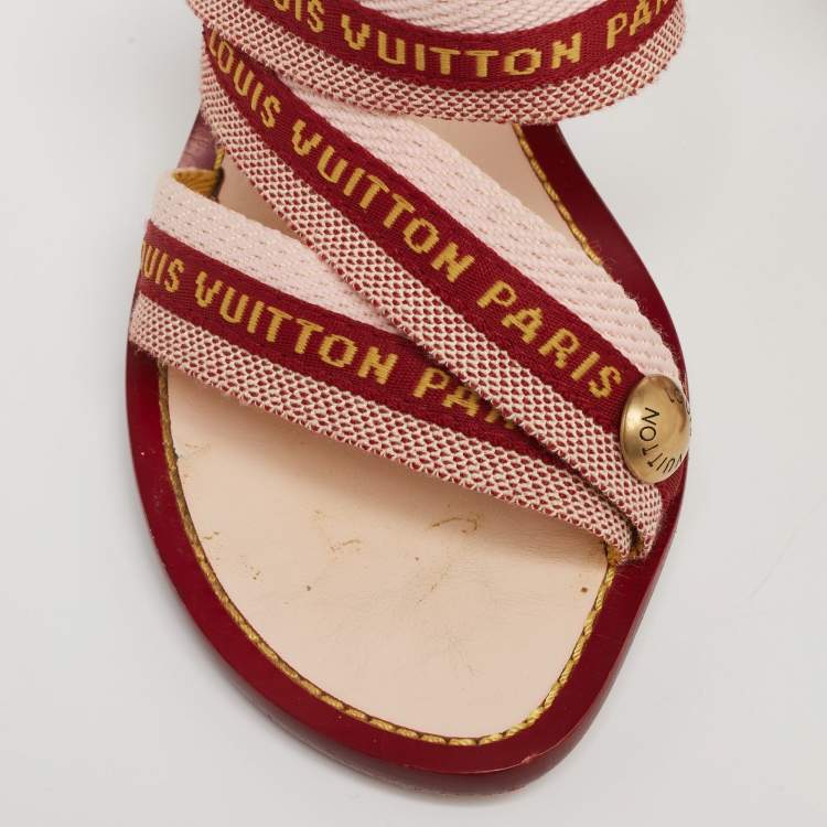 Pre Owned Louis Vuitton Burgundy/Pink Canvas Logo Strappy Slide Sandals Size 38
