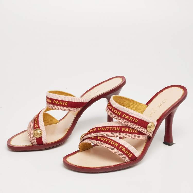 Pre Owned Louis Vuitton Burgundy/Pink Canvas Logo Strappy Slide Sandals Size 38