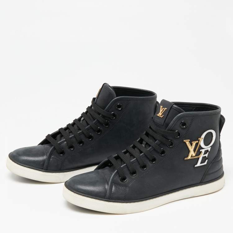 Louis Vuitton Black Leather Punchy Love Patch High Top Sneakers