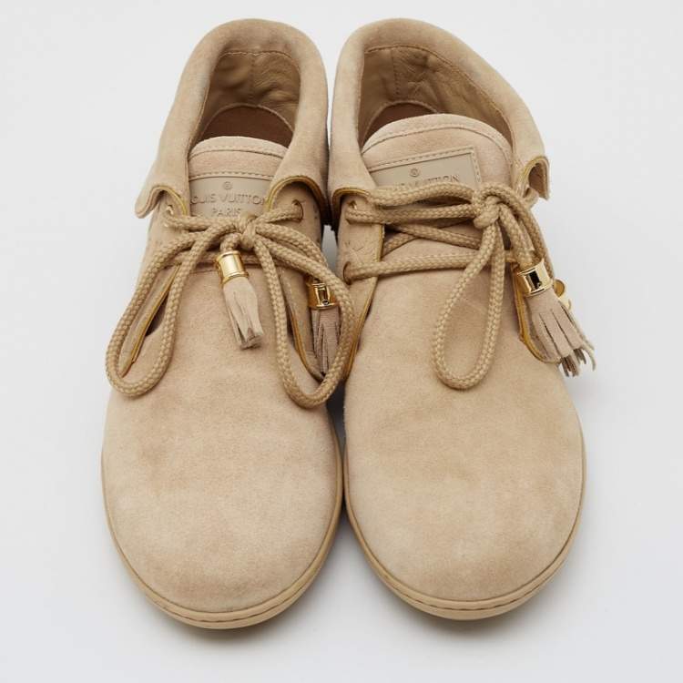 Pre Owned Louis Vuitton Beige Embossed Monogram Suede Lace Up Sneakers Size 37