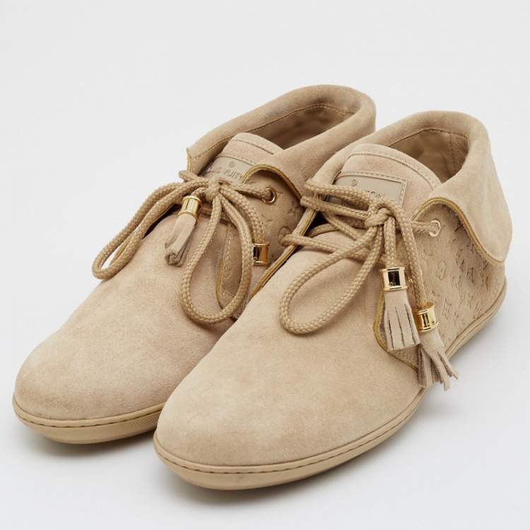 Pre Owned Louis Vuitton Beige Embossed Monogram Suede Lace Up Sneakers Size 37