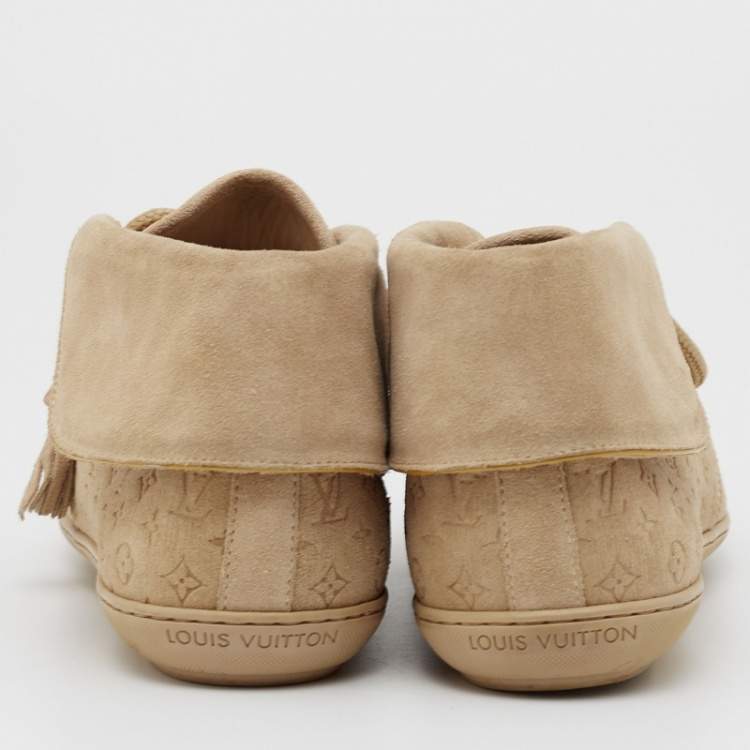 Pre Owned Louis Vuitton Beige Embossed Monogram Suede Lace Up Sneakers Size 37