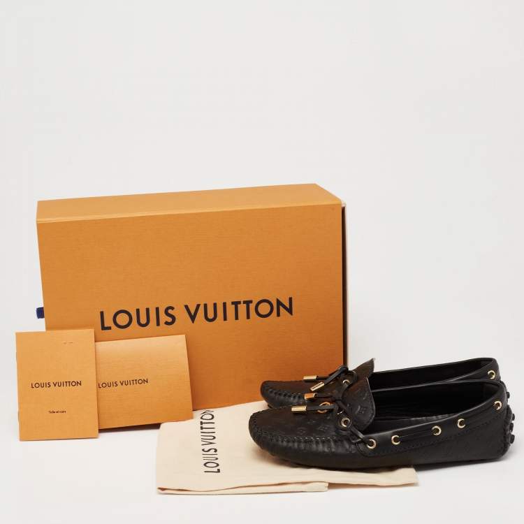 Pre Owned Louis Vuitton Black Monogram Leather Bow Slip On Loafers Size 35.5