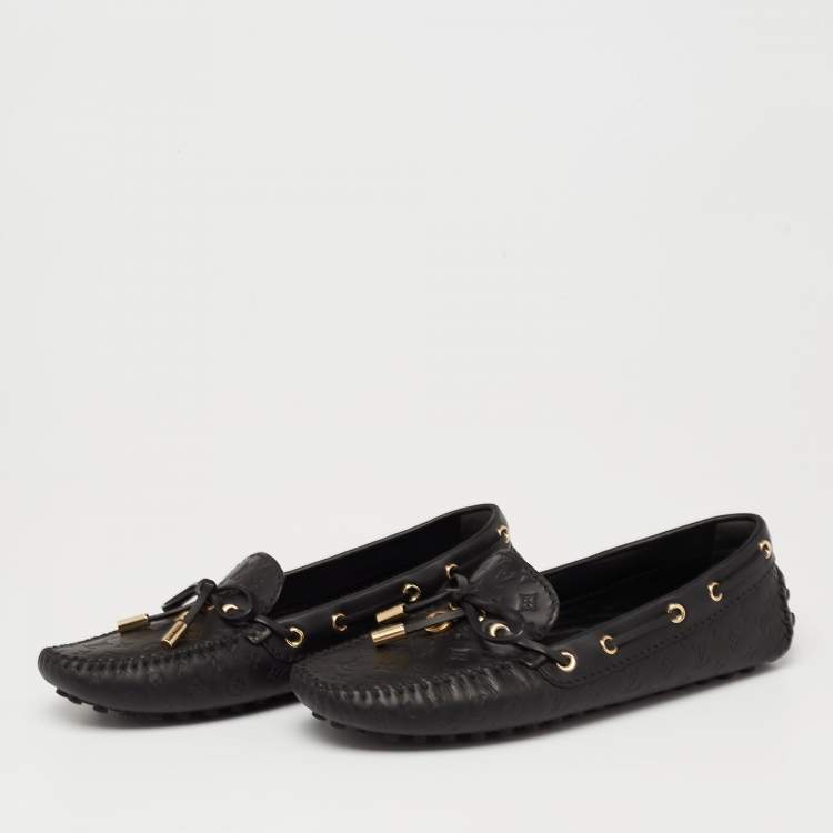 Pre Owned Louis Vuitton Black Monogram Leather Bow Slip On Loafers Size 35.5