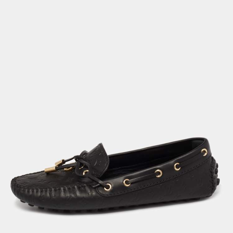 Pre Owned Louis Vuitton Black Monogram Leather Bow Slip On Loafers Size 35.5