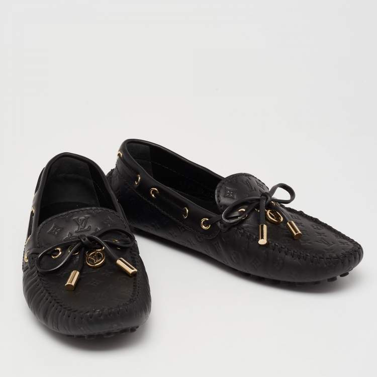 Pre Owned Louis Vuitton Black Monogram Leather Bow Slip On Loafers Size 35.5