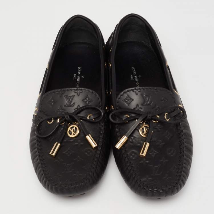 Pre Owned Louis Vuitton Black Monogram Leather Bow Slip On Loafers Size 35.5
