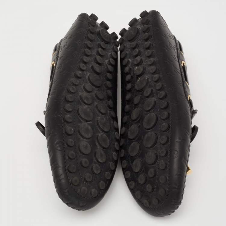Pre Owned Louis Vuitton Black Monogram Leather Bow Slip On Loafers Size 35.5