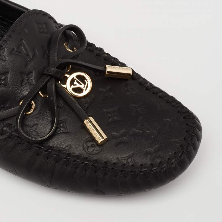 Pre Owned Louis Vuitton Black Monogram Leather Bow Slip On Loafers Size 35.5