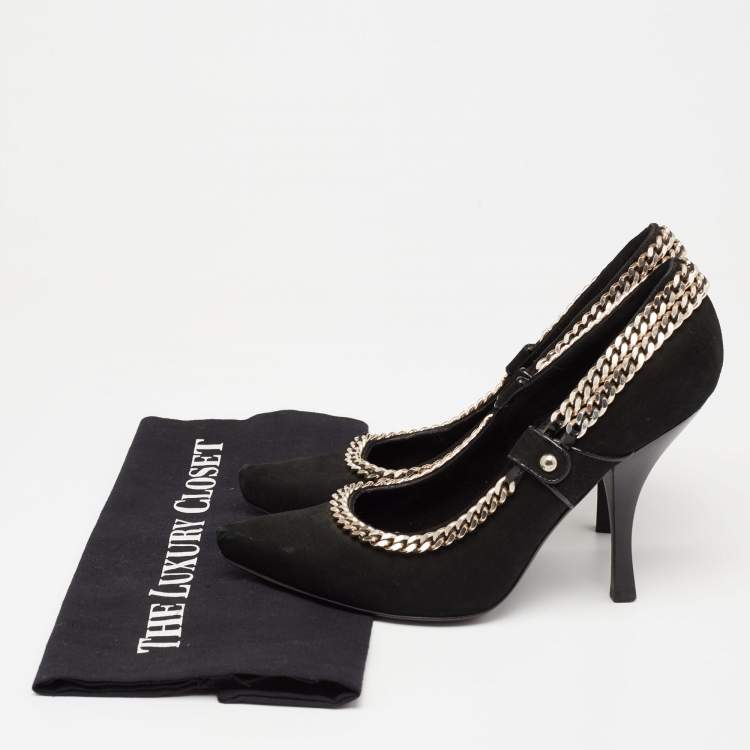 Pre Owned Louis Vuitton  Black Suede Chain Embellished Pointed Toe  Pumps Size 38