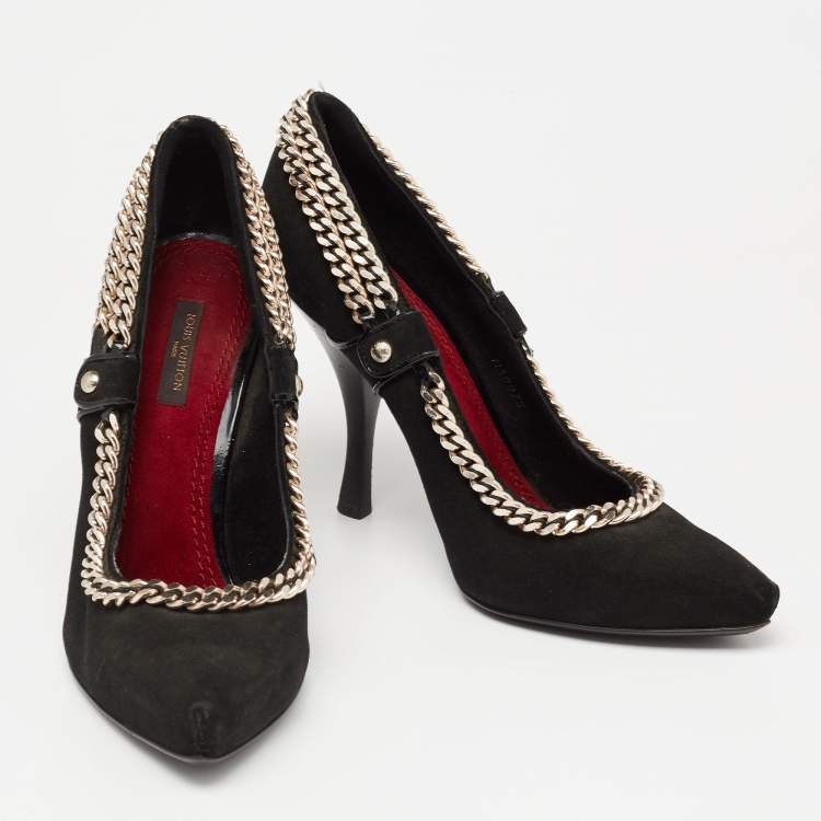 Pre Owned Louis Vuitton  Black Suede Chain Embellished Pointed Toe  Pumps Size 38