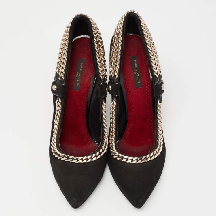 Pre Owned Louis Vuitton  Black Suede Chain Embellished Pointed Toe  Pumps Size 38