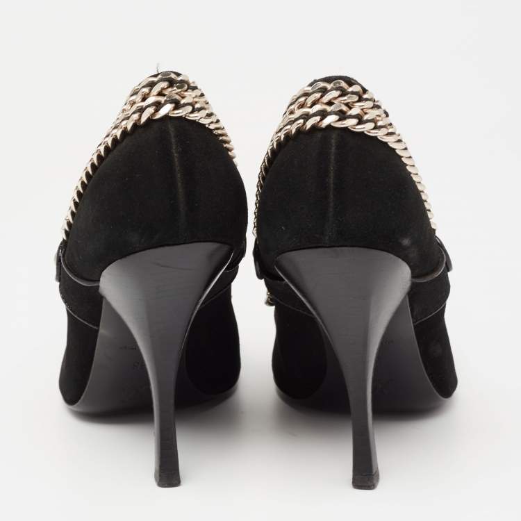 Pre Owned Louis Vuitton  Black Suede Chain Embellished Pointed Toe  Pumps Size 38